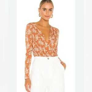 FREE PEOPLE Turnt Surplice Bodysuit in a copper floral print Medium NWT